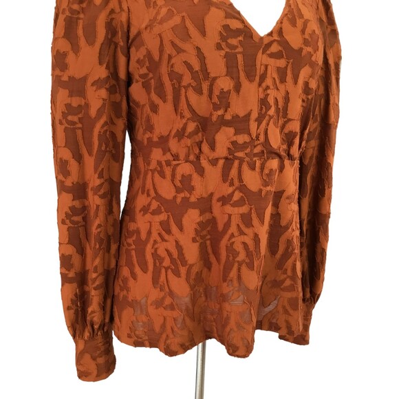 Eva Franco Anthropologie Burnout Velvet Top sz XS Puff Sleeve Sheer Rust Orange - Picture 5 of 16